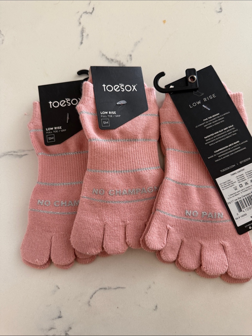 toesox Pink Low Rise Five-Toe Socks with Silver Stripes